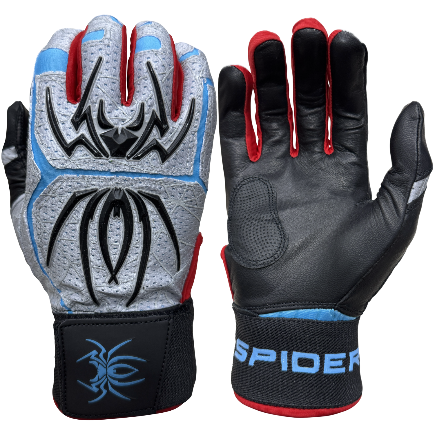 Spiderz ENDITE X- Long Strap Smooth Palm Batting Gloves - Gray/Black/Columbia/Red