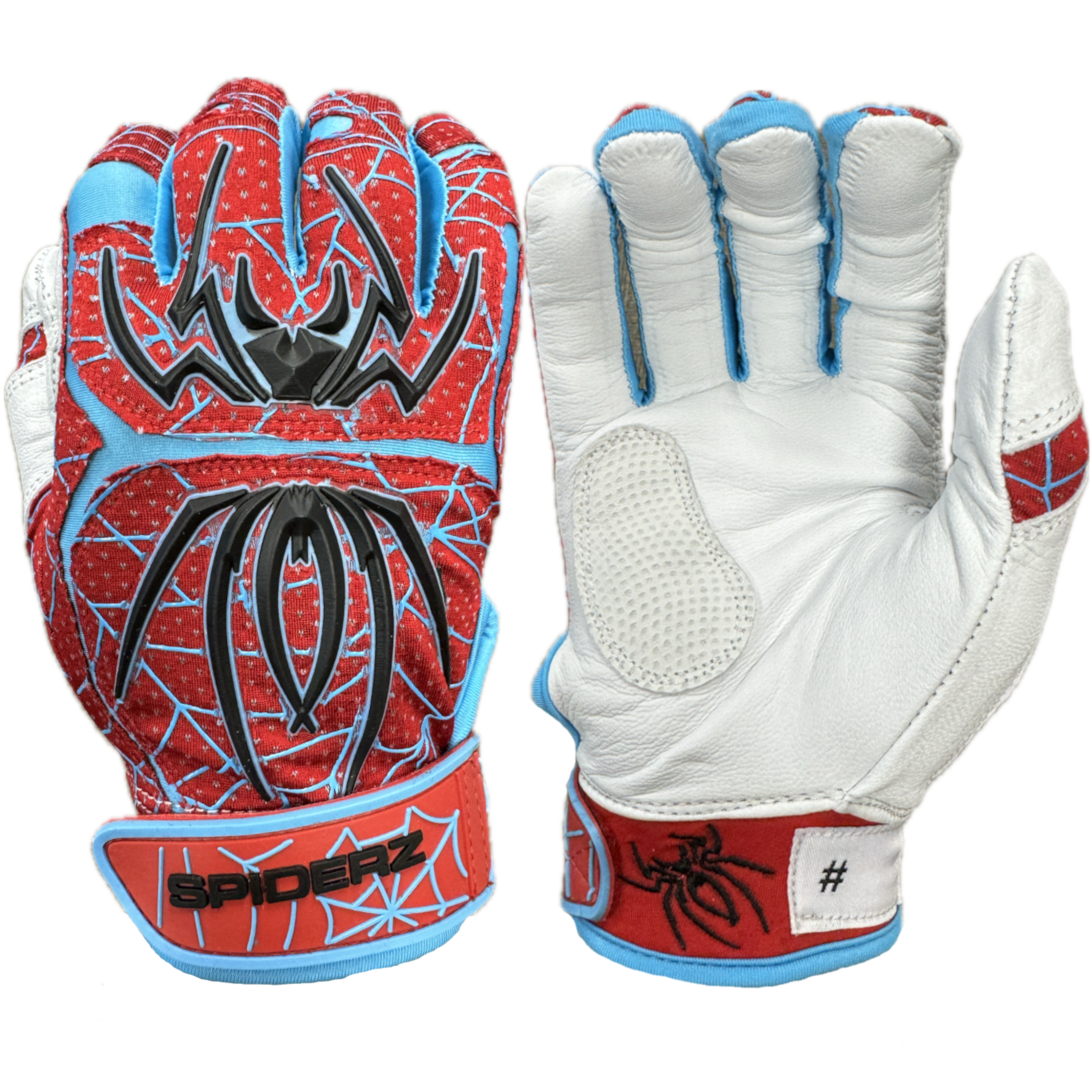 2024 Spiderz ENDITE LTD "Smooth Palm" Batting Gloves - Red/Black/Columbia Blue