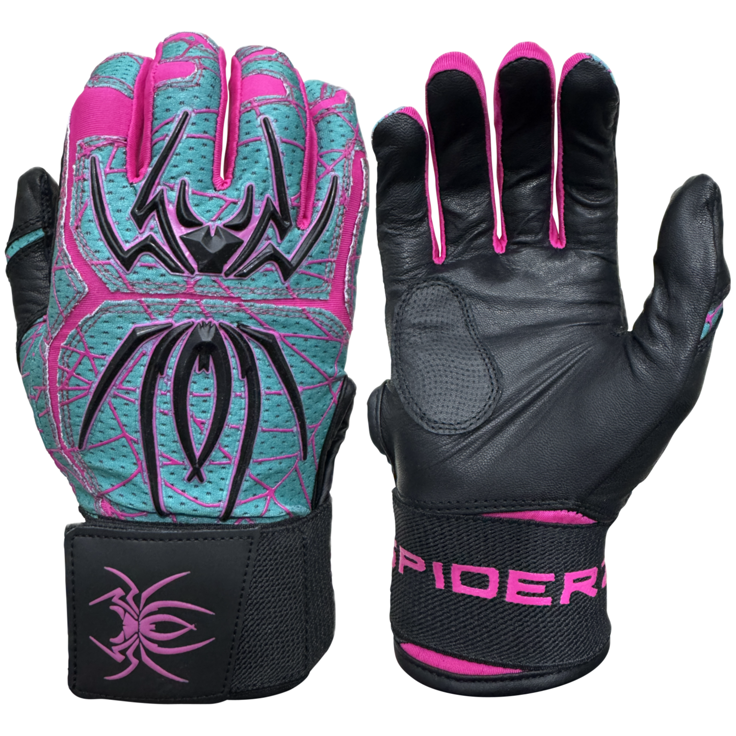 Spiderz ENDITE X- Long Strap Smooth Palm Batting Gloves - Teal/Pink