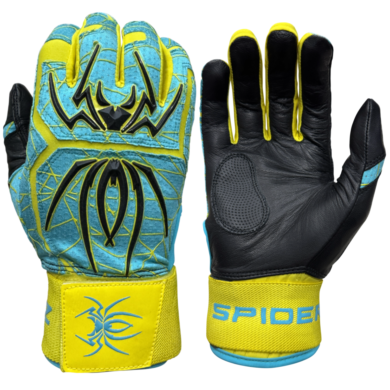 Spiderz ENDITE X- Long Strap Smooth Palm Batting Gloves - Turquoise/Yellow