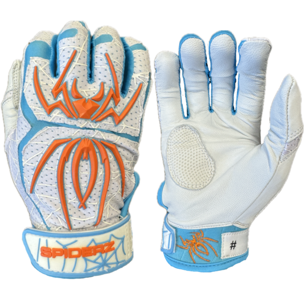 2024 Spiderz ENDITE LTD "Smooth Palm" Batting Gloves - White/Columbia Blue/Orange