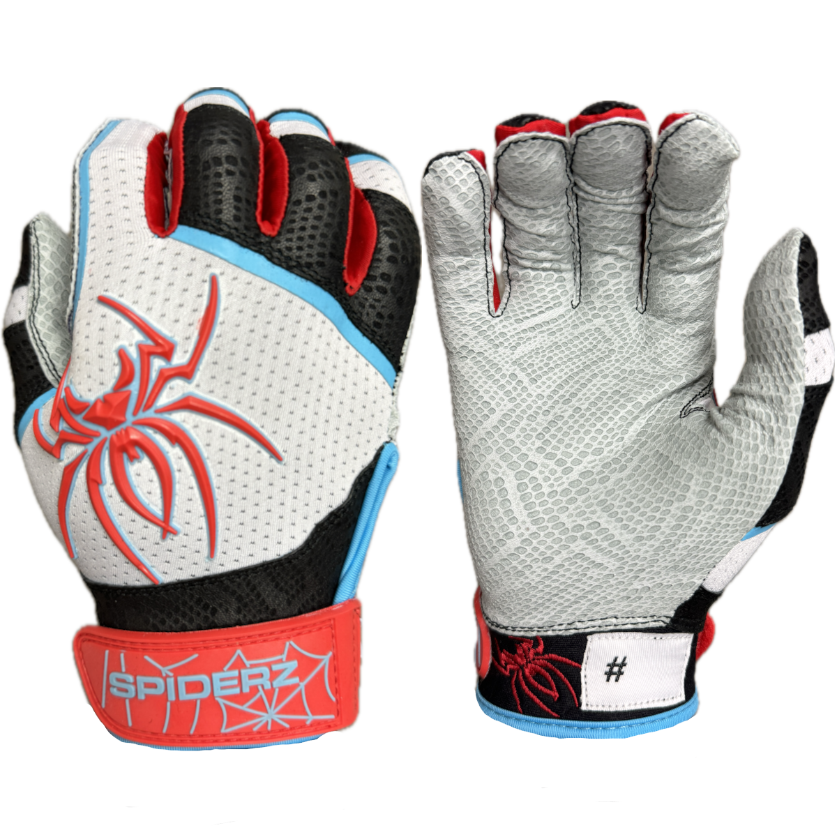 Spiderz PRO (short cuff) Batting Gloves - White/Black/Red/Columbia Blue