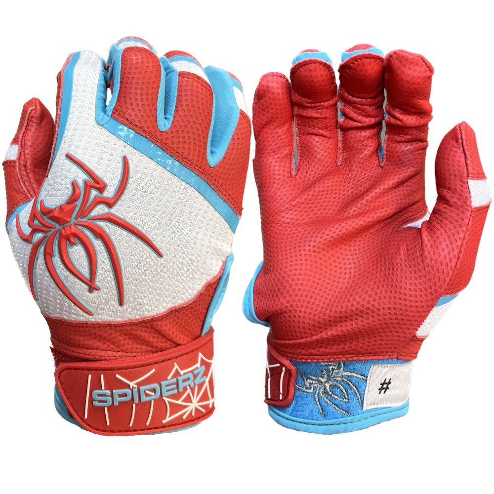 2023 Spiderz PRO Batting Gloves - LTE White/Red/Columbia Blue
